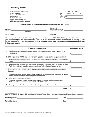 Parent FAFSA Additional Financial Information Form