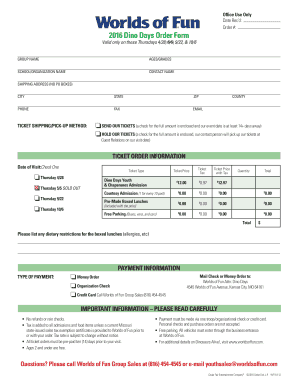 2016 Dino Days Order Form