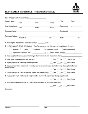 Host Family Reference Telephone Check Form