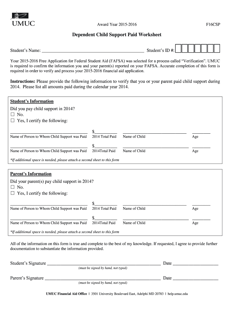 Fillable Online umuc Dependent Child Support Paid Worksheet UMUC Fax