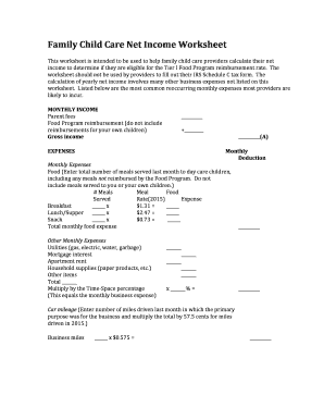 Family Child Care Net Income Worksheet