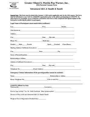 2016 Greater Miami Pop Warner Parental Consent Form