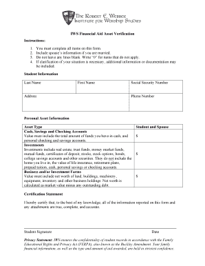 IWS Financial Aid Asset Verification Form