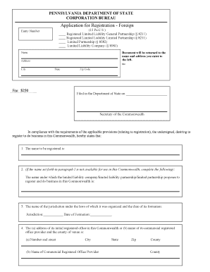 Pennsylvania Foreign Entity Registration Application