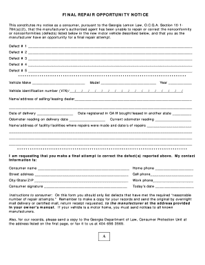 Georgia Lemon Law Final Repair Opportunity Notice