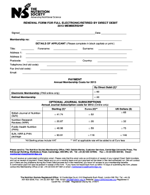 Renewal Form for Full Electronic/Retired Membership by Direct Debit