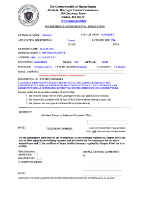 Massachusetts On Premises License Renewal Application