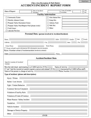 Chico Area Recreation Accident Report Form
