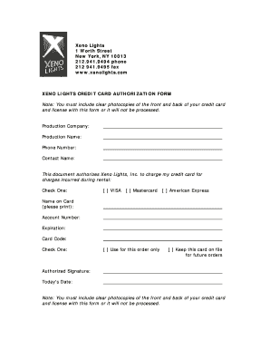 Xeno Lights Credit Card Authorization Form