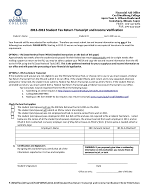 2012-2013 Student Tax Return Transcript and Income Verification