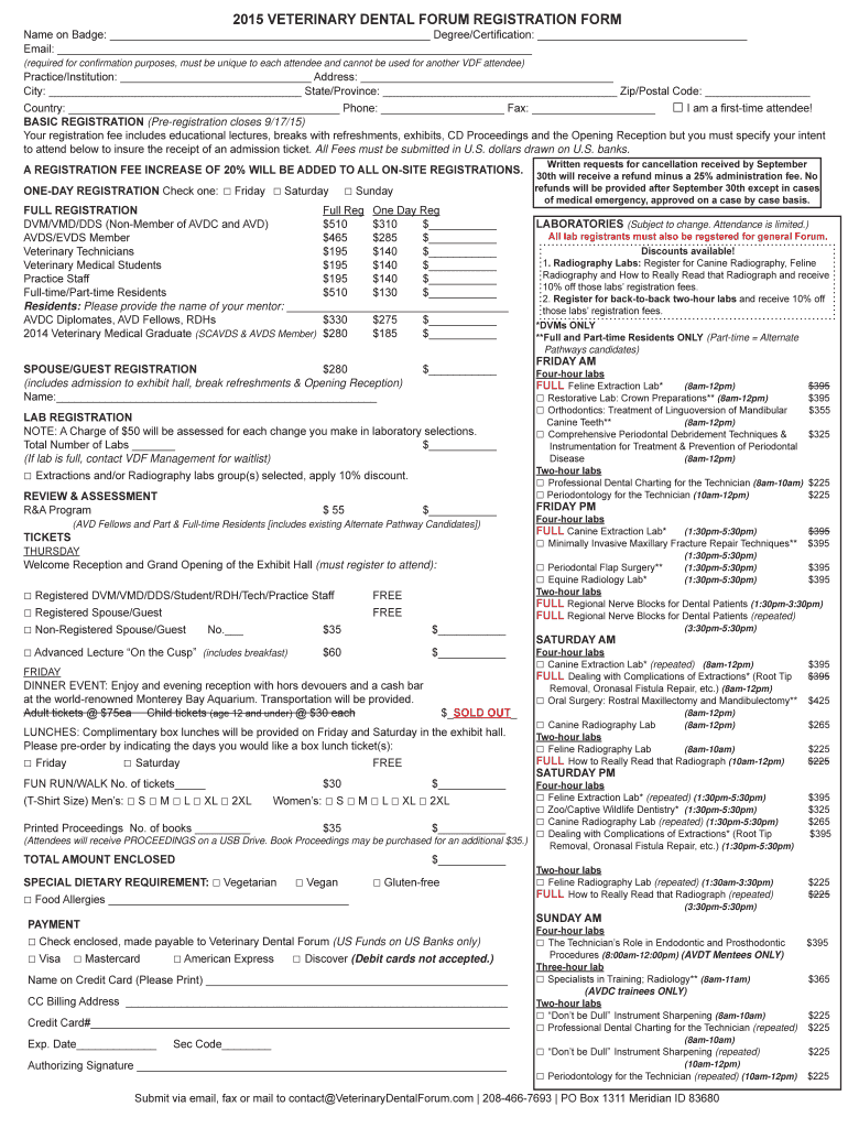 Fillable Online 2015 VDF Registration form Veterinary Dental Forum