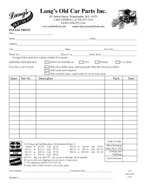 Lang's Old Car Parts Order Form