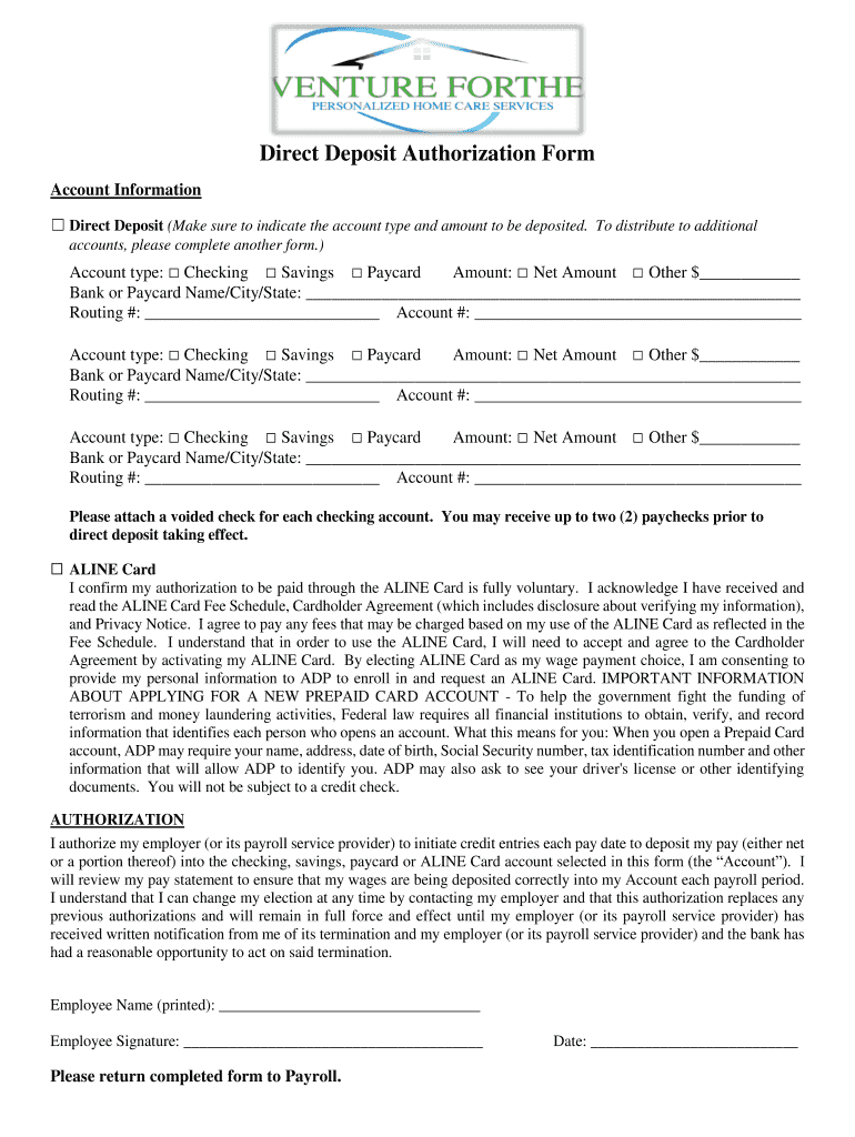 Fillable Online Direct Deposit bFormb Venture Forthe Fax Email Print