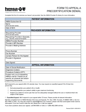 HMSA Precertification Denial Appeal Form