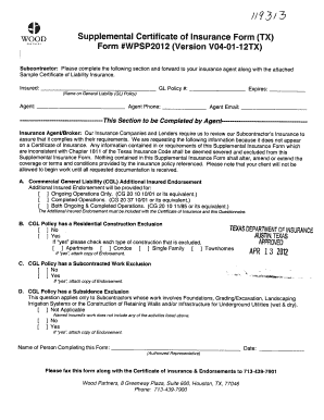 Supplemental Certificate of Insurance Form
