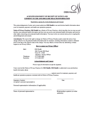 Acknowledgement of Receipt of Notice and Consent to Use and Disclose Health Information