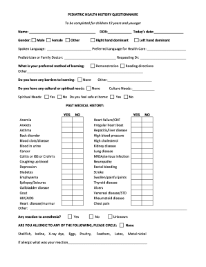 fillable online patient health history questionnaire pediatric