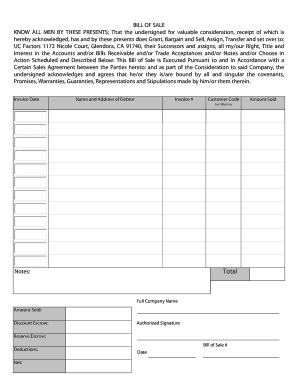Bill of Sale for Accounts Receivable