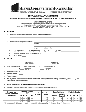 Supplemental Application for Designated Products and Completed Operations Liability Insurance