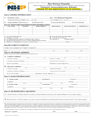 Tenant Information Sheet