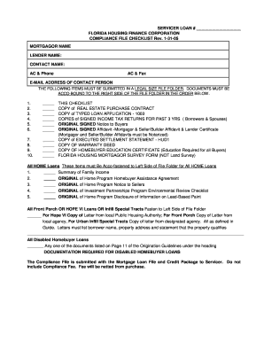 Florida Housing Finance Corporation Compliance File Checklist