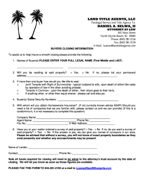 Buyers Closing Information Form