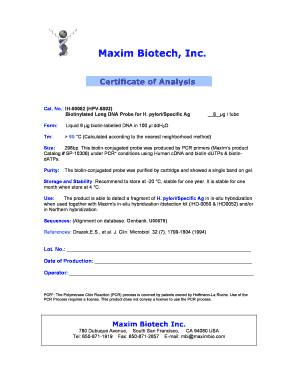 Certificate of Analysis for Biotinylated DNA Probe