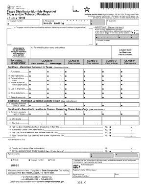 Texas Distributor Monthly Report of Cigar and/or Tobacco Products