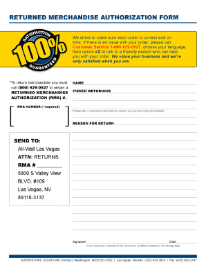 Returned Merchandise Authorization Form