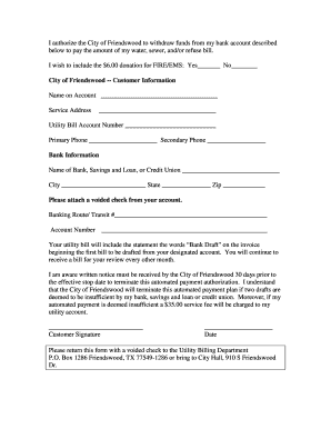 Utility Billing Bank Draft Authorization