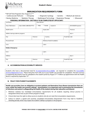 Michener Institute Immunization Requirements Form