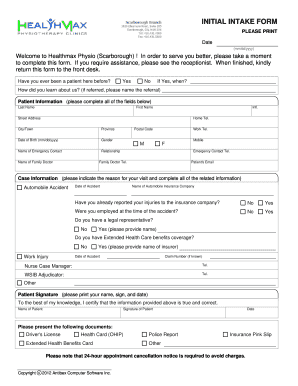 Healthmax Physio Initial Intake Form