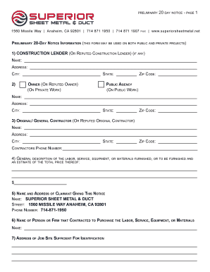 Preliminary 20-Day Notice