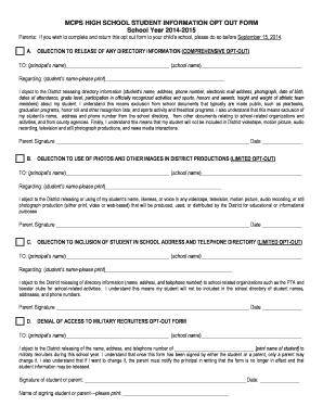 High School Student Information Opt Out Form