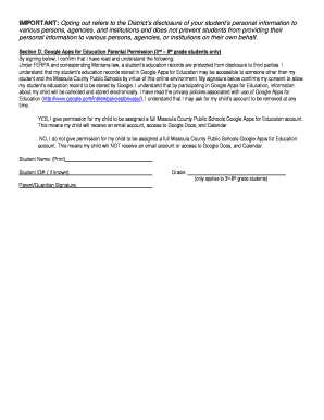 K-8 Student Information Opt Out/Permission Form