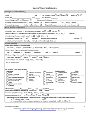 Anaphylaxis Occurrence Report Form