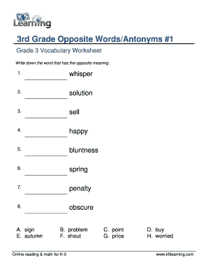 3rd Grade Opposite Words/Antonyms Worksheet