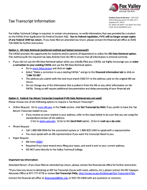 IRS Tax Transcript Request for FAFSA Verification