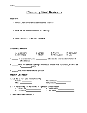 Chemistry Final Review Worksheet