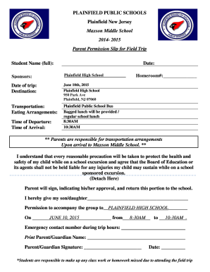Parent Permission Slip for Field Trip