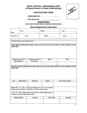 Personal application format in army - NEPA LIMITED : NEPANAGAR (MP) (A Government of India Undertaking) APPLICATION FORM ADVERTISEMENT NO: POST APPLIED FOR : PERSONAL DETAILS Do not leave the portion unfilled - nepamills co