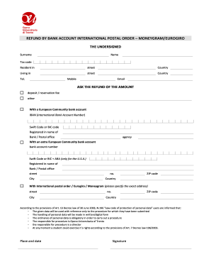 Rimborso tramite conto bancario ordine postale internazionale
