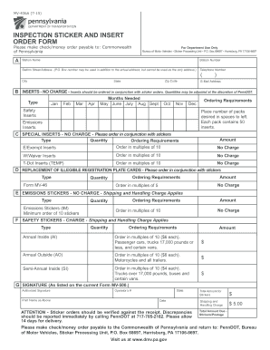 Pennsylvania Inspection Sticker and Insert Order Form