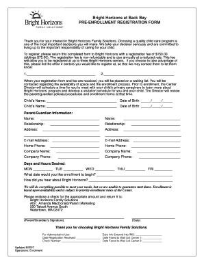 Bright Horizons Pre-Enrollment Registration Form