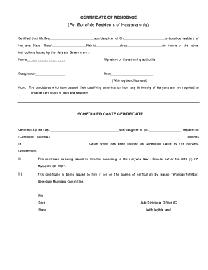 Haryana Residence and Caste Certificates