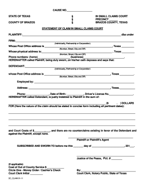 Texas Small Claims Court Statement of Claim