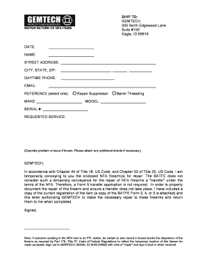 NFA Firearm Repair Authorization Letter