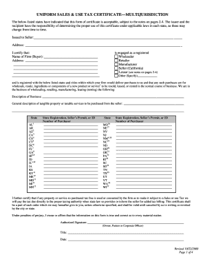 Multi-Jurisdiction Sales and Use Tax Certificate