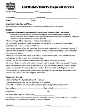 Birthday Party Deposit Form