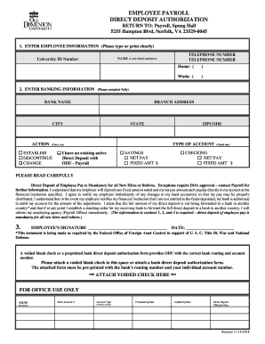 Employee Payroll Direct Deposit Authorization